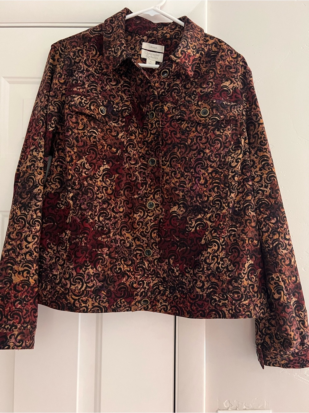 Christopher & Banks Burgundy and Tan Swirl Print Jacket size XL